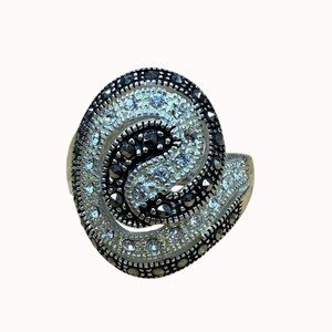 Vintage Silver Swirl Ring Marcasite Cocktail, Statment, Crystal, Size 8-9